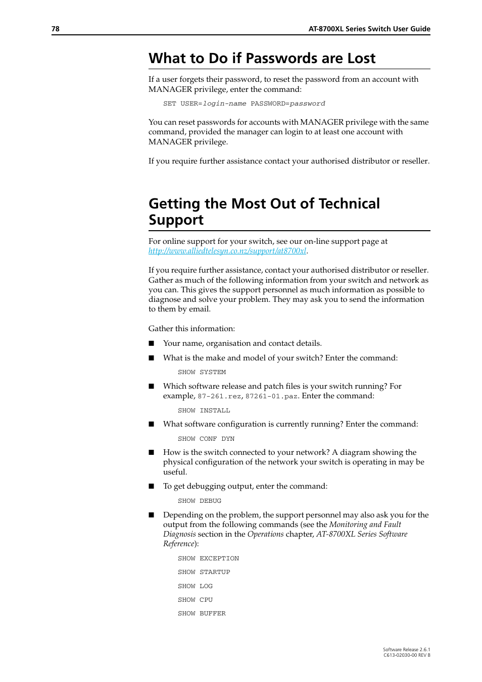 What to do if passwords are lost, Getting the most out of technical support | Allied Telesis AT-8700XL Series Switch User Manual | Page 78 / 81