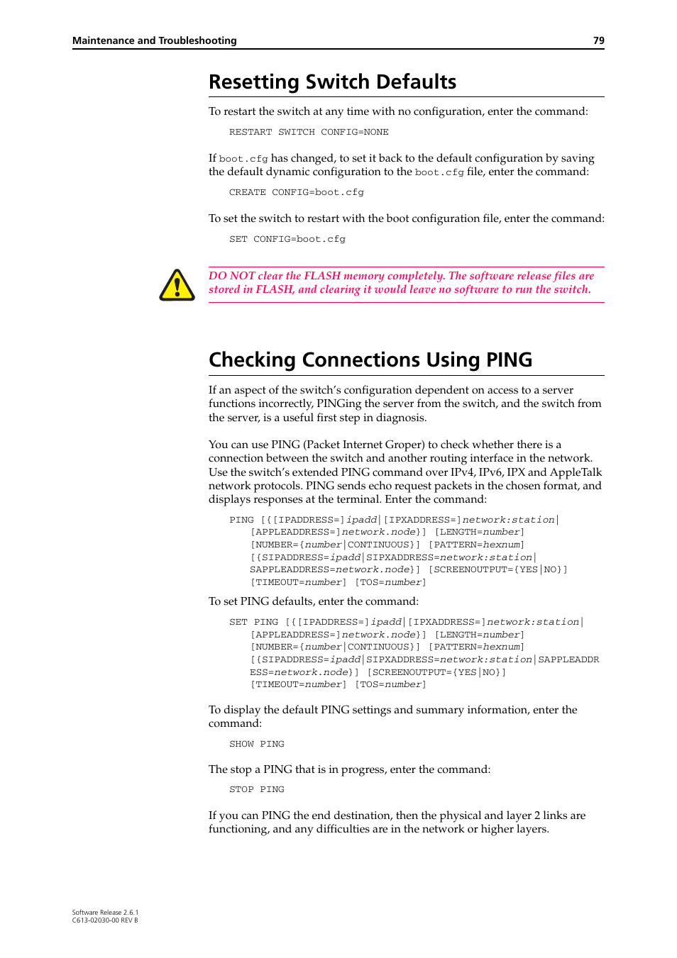 Resetting switch defaults, Checking connections using ping | Allied Telesis AT-8700XL Series Switch User Manual | Page 79 / 81