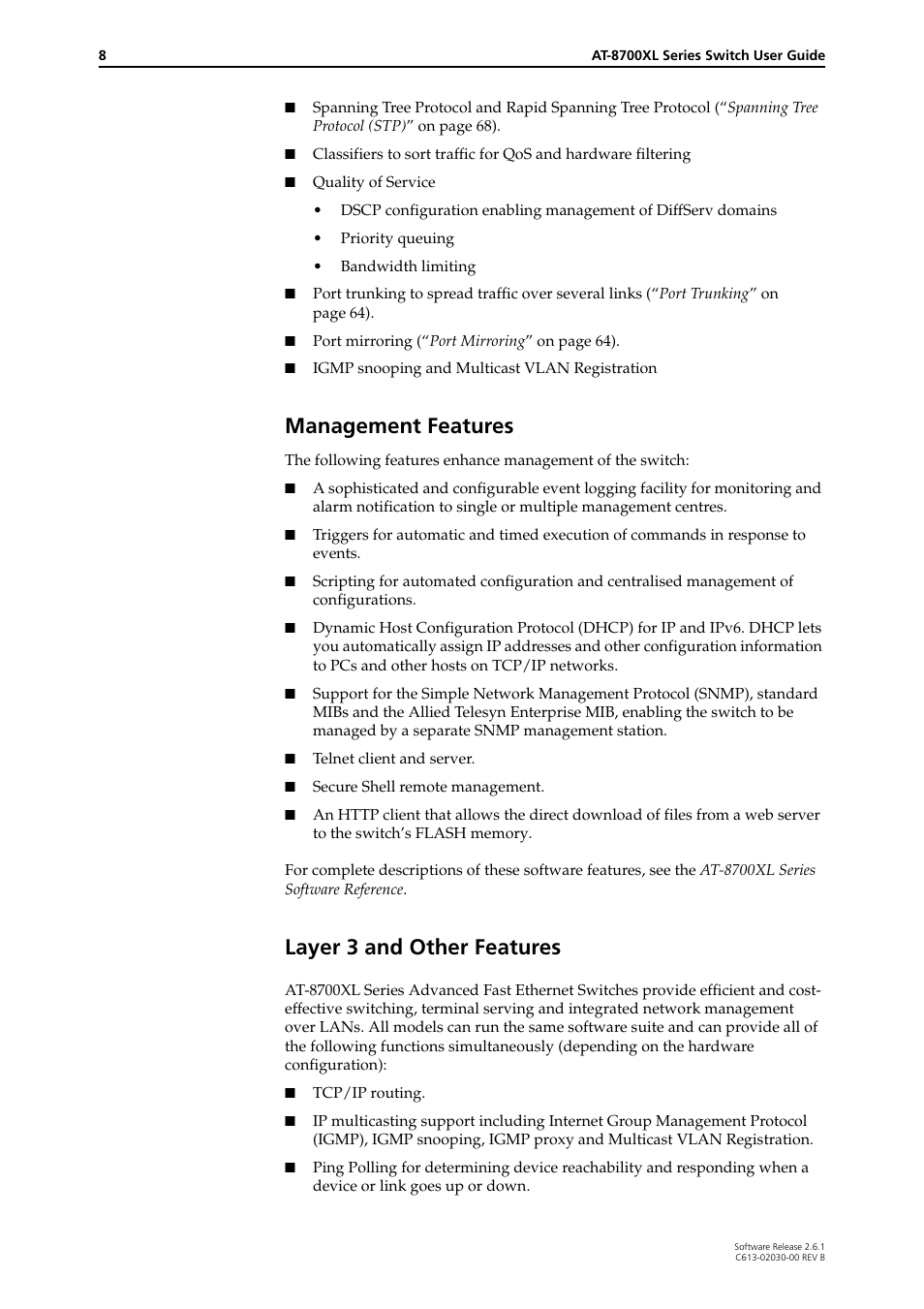 Management features, Layer 3 and other features | Allied Telesis AT-8700XL Series Switch User Manual | Page 8 / 81