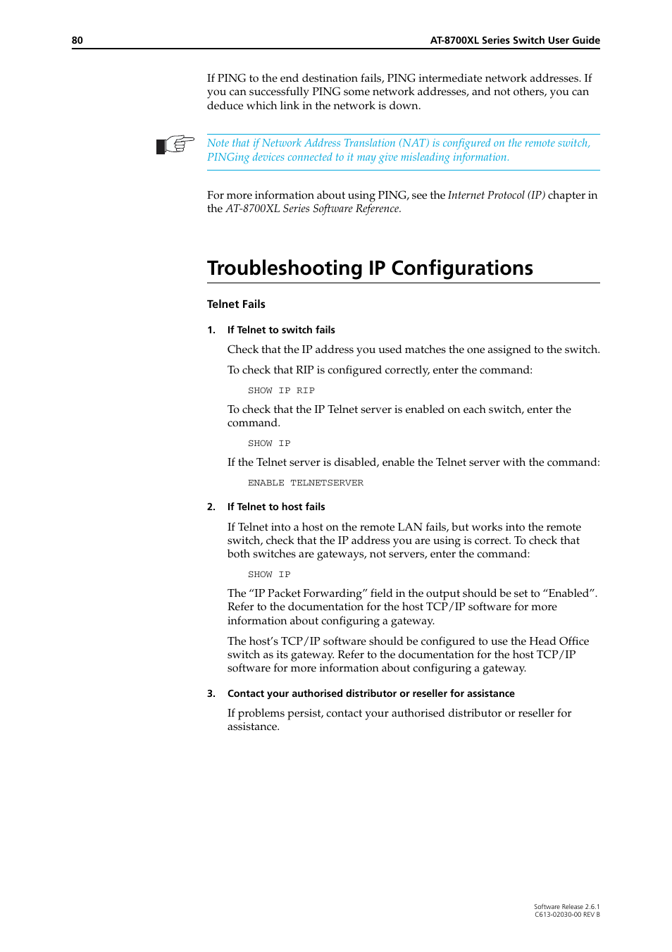 Troubleshooting ip configurations | Allied Telesis AT-8700XL Series Switch User Manual | Page 80 / 81