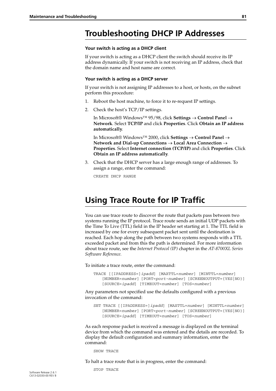 Troubleshooting dhcp ip addresses, Using trace route for ip traffic | Allied Telesis AT-8700XL Series Switch User Manual | Page 81 / 81