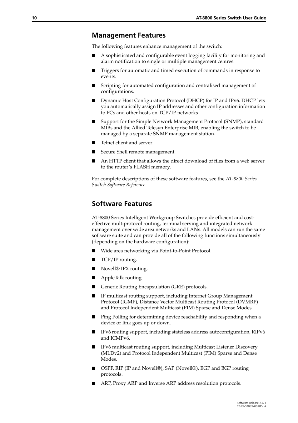 Management features, Software features, Management features software features | Allied Telesis AT-8800 Series Switch User Manual | Page 10 / 118