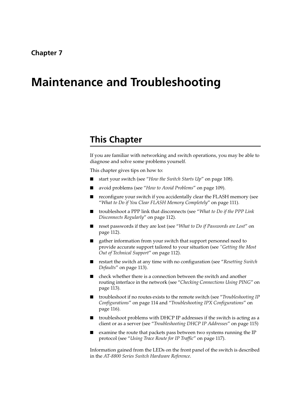 Maintenance and troubleshooting, This chapter, Chapter 7 | Chapter 7, maintenance and troubleshooting des | Allied Telesis AT-8800 Series Switch User Manual | Page 107 / 118