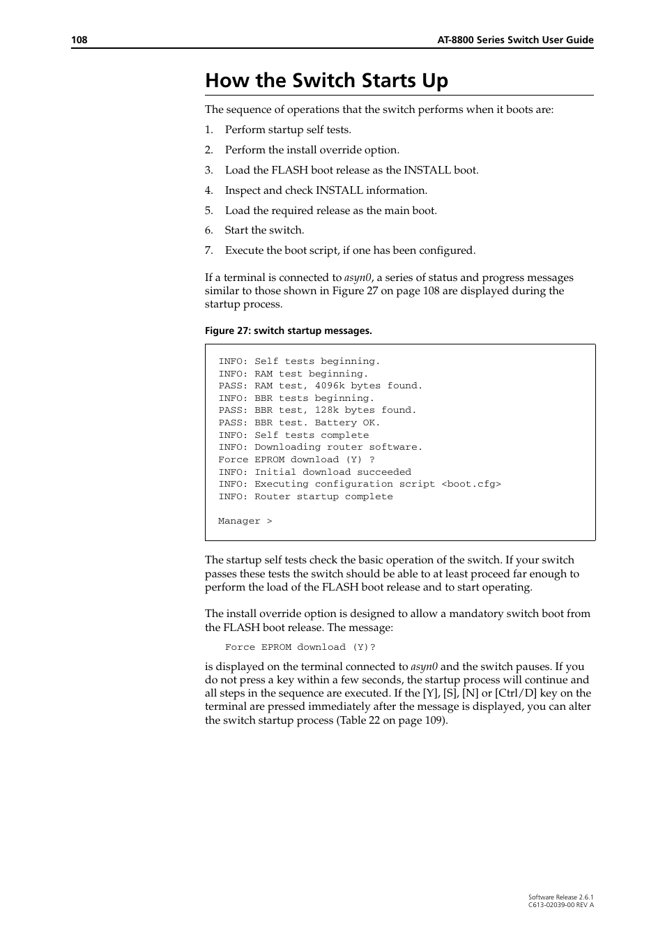 How the switch starts up | Allied Telesis AT-8800 Series Switch User Manual | Page 108 / 118