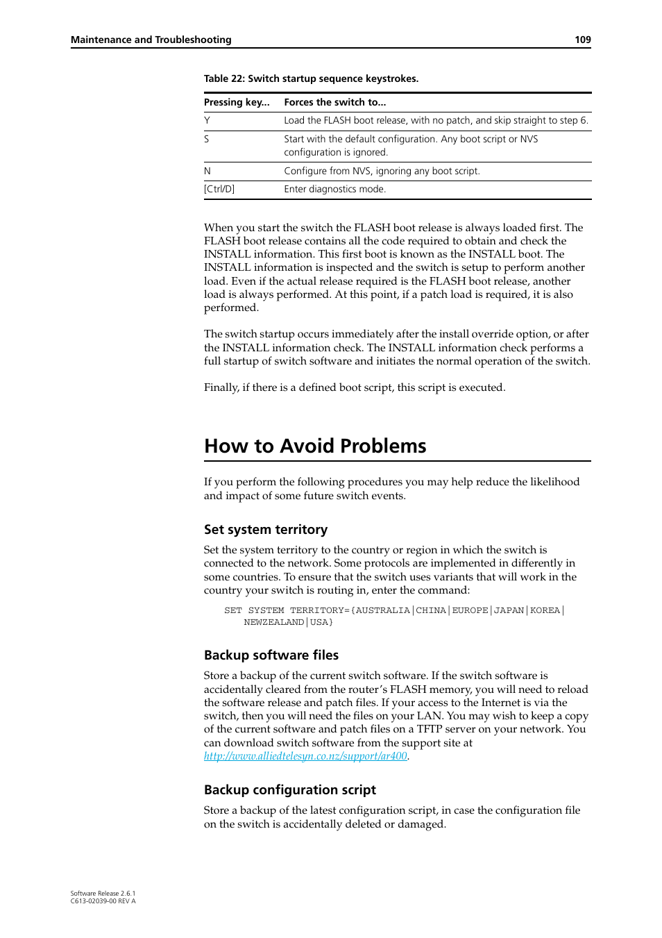 How to avoid problems, Set system territory, Backup software files | Backup configuration script | Allied Telesis AT-8800 Series Switch User Manual | Page 109 / 118