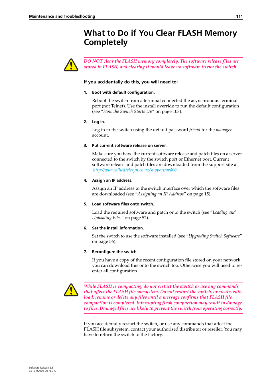 What to do if you clear flash memory completely | Allied Telesis AT-8800 Series Switch User Manual | Page 111 / 118
