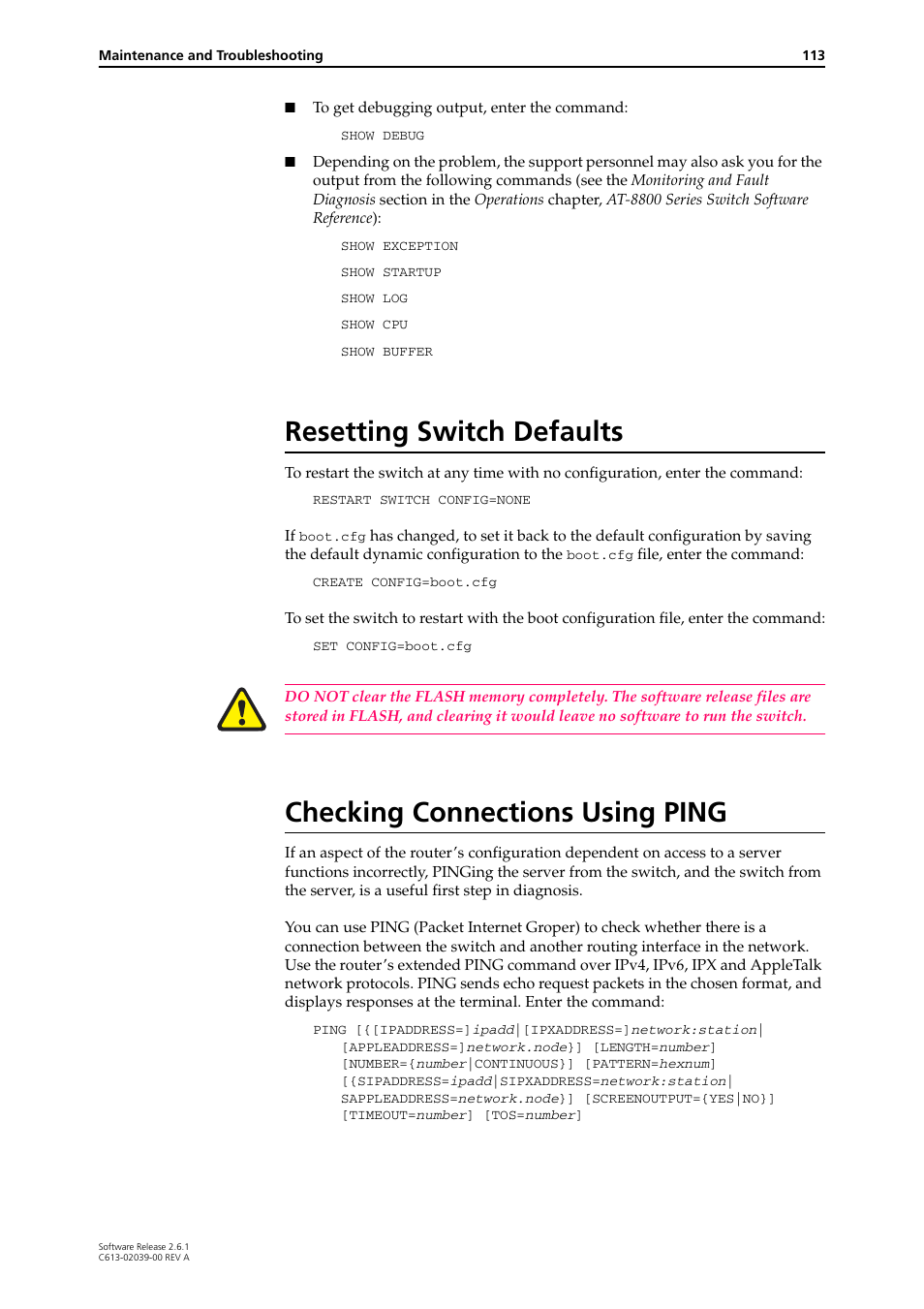 Resetting switch defaults, Checking connections using ping | Allied Telesis AT-8800 Series Switch User Manual | Page 113 / 118
