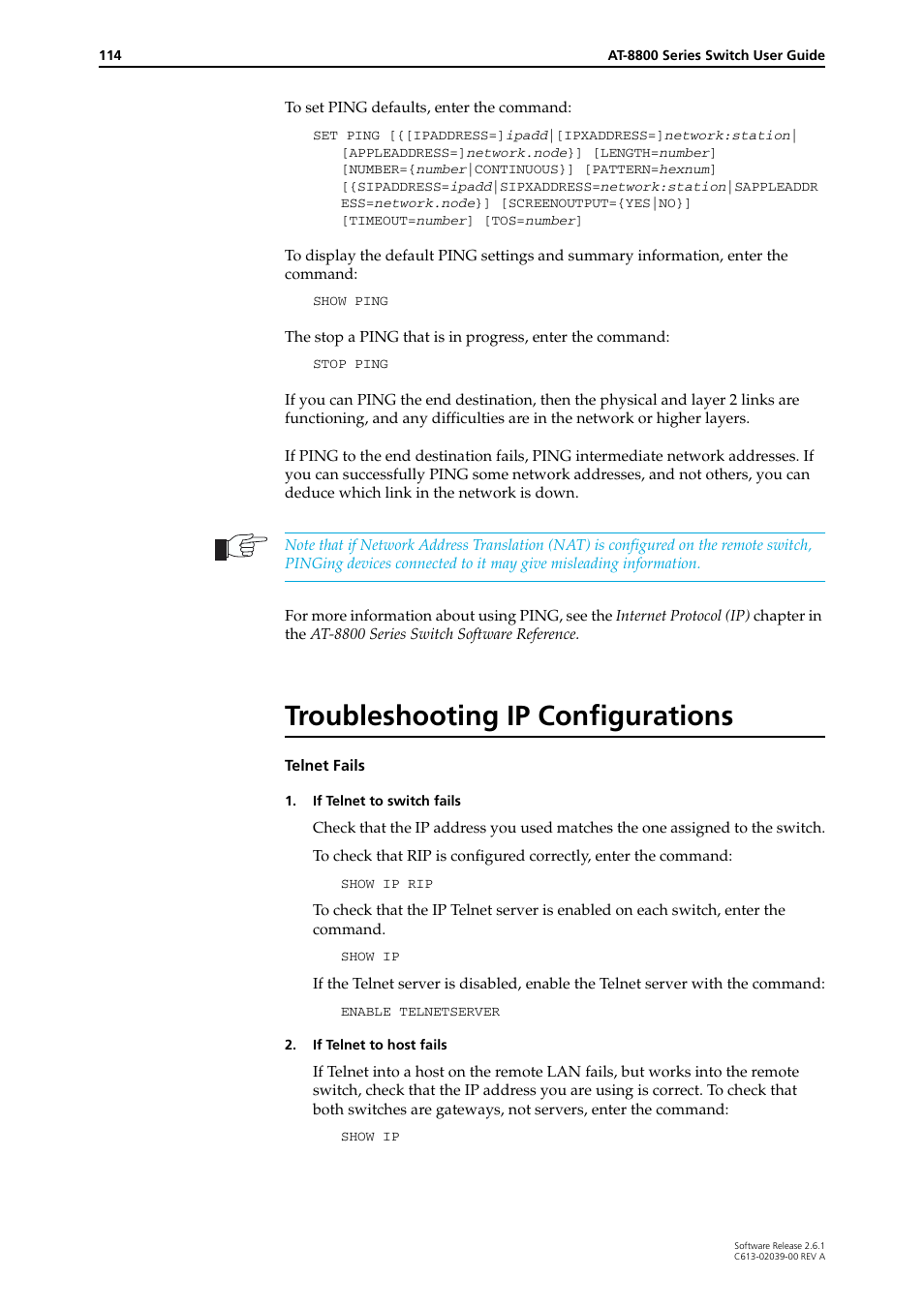 Troubleshooting ip configurations | Allied Telesis AT-8800 Series Switch User Manual | Page 114 / 118