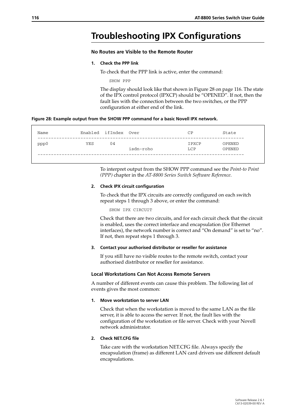 Troubleshooting ipx configurations | Allied Telesis AT-8800 Series Switch User Manual | Page 116 / 118