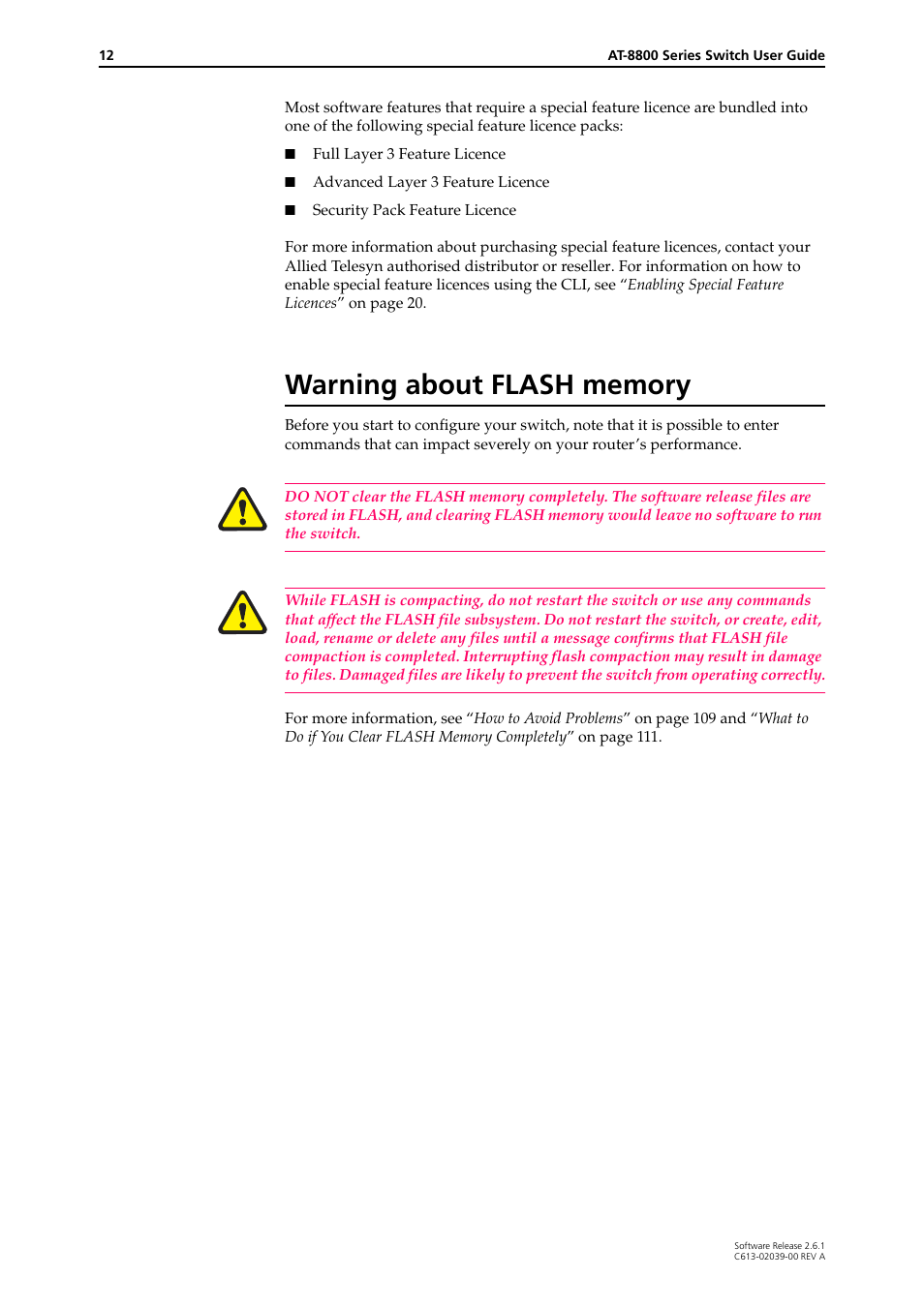 Warning about flash memory | Allied Telesis AT-8800 Series Switch User Manual | Page 12 / 118