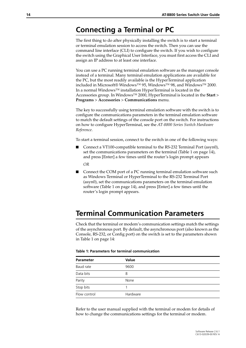 Connecting a terminal or pc, Terminal communication parameters | Allied Telesis AT-8800 Series Switch User Manual | Page 14 / 118