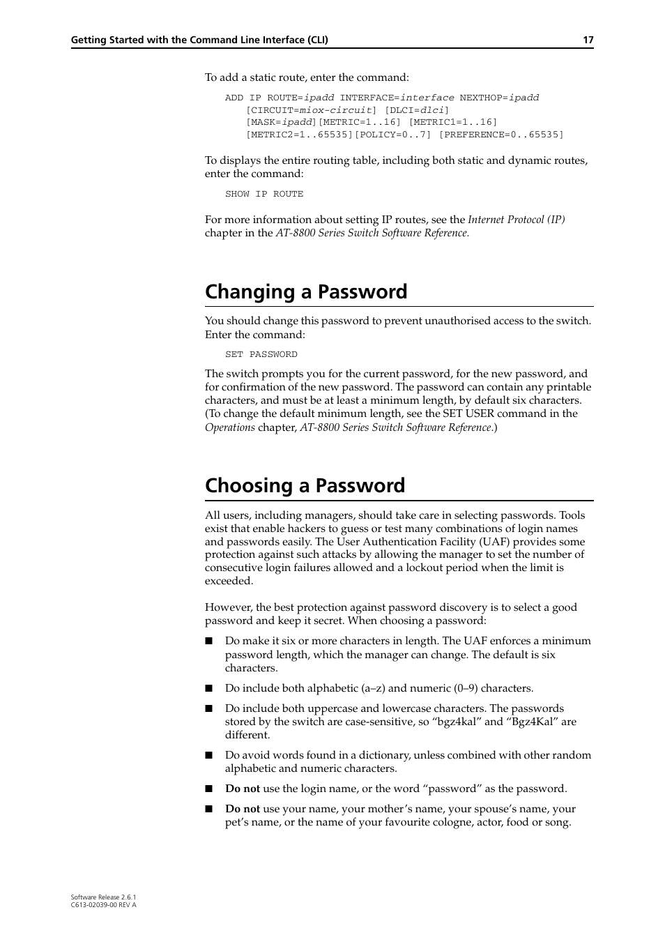 Changing a password, Choosing a password, Changing a password choosing a password | Allied Telesis AT-8800 Series Switch User Manual | Page 17 / 118