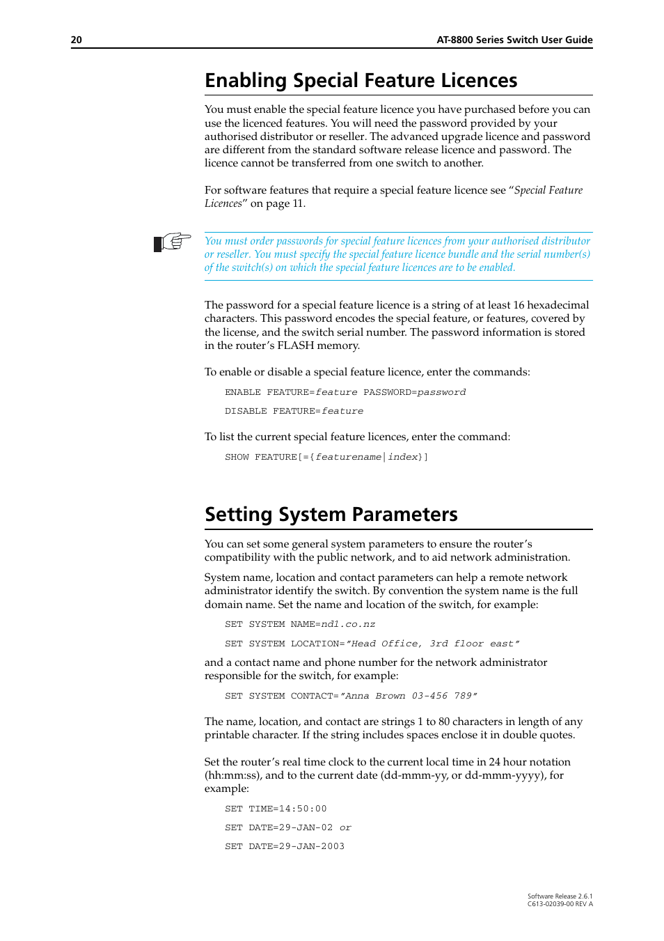 Enabling special feature licences, Setting system parameters | Allied Telesis AT-8800 Series Switch User Manual | Page 20 / 118