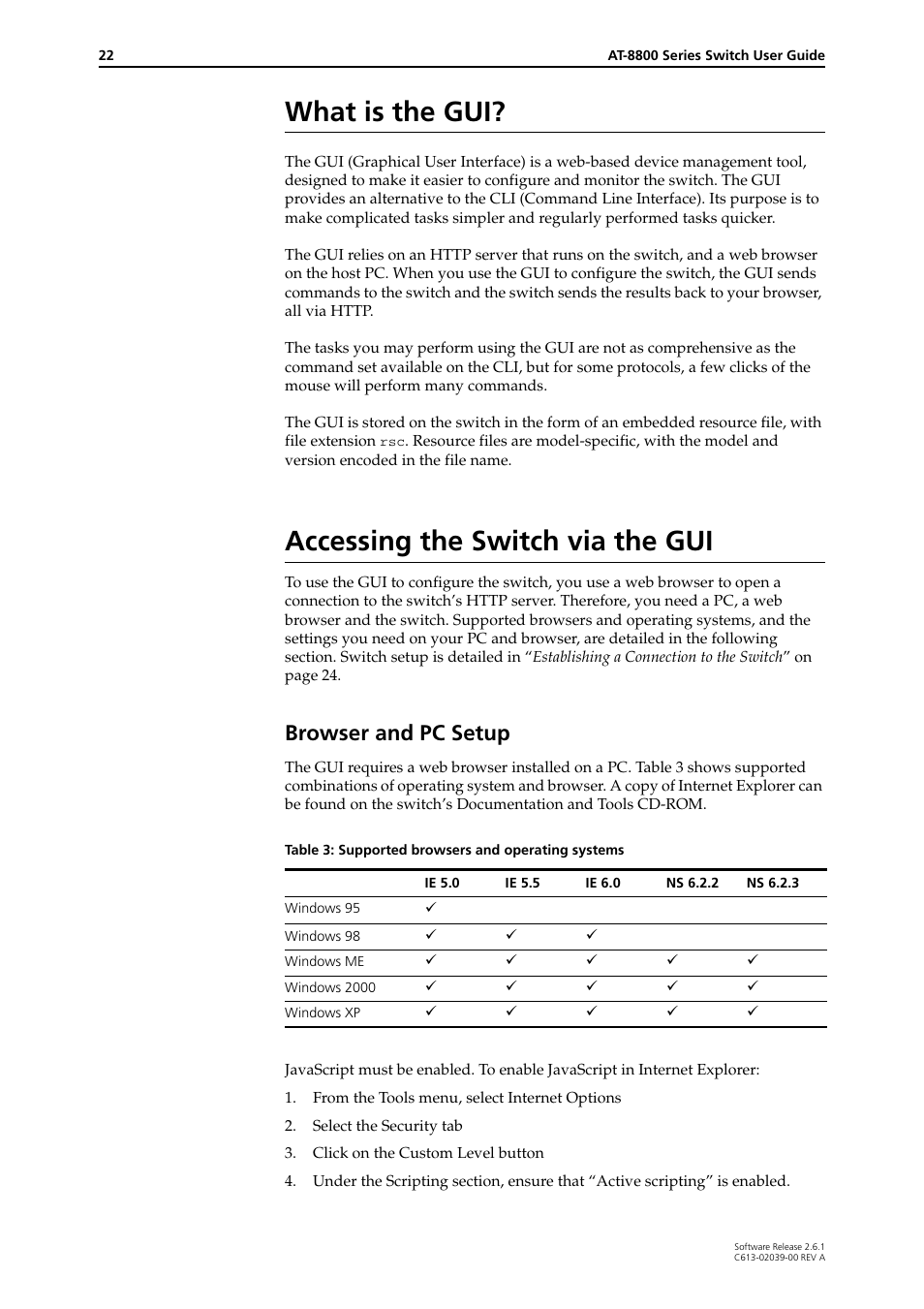 What is the gui, Accessing the switch via the gui, Browser and pc setup | What is the gui? accessing the switch via the gui | Allied Telesis AT-8800 Series Switch User Manual | Page 22 / 118