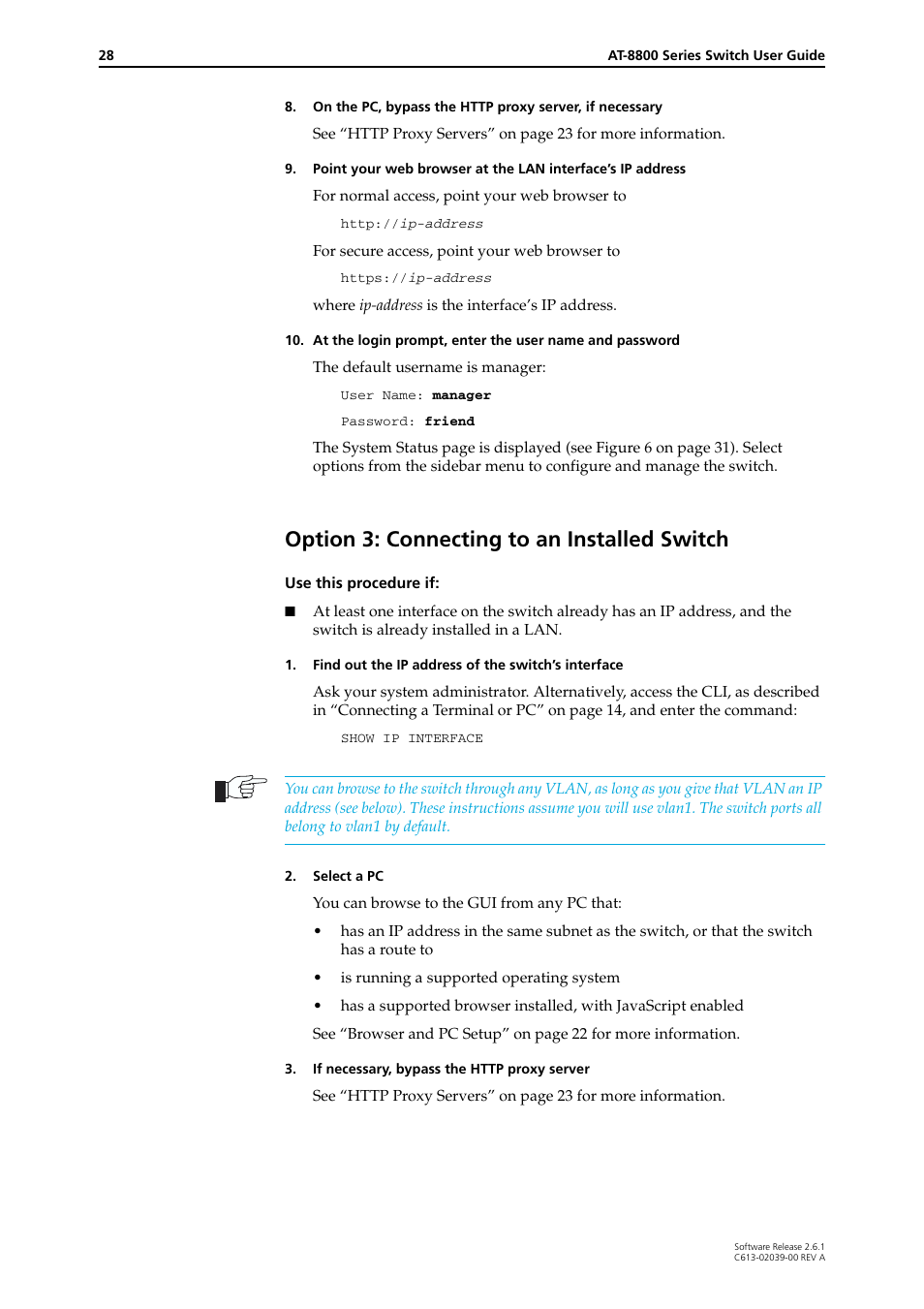 See “option 3: connecting, To an installed switch” on, Option 3: connecting to an installed switch | Allied Telesis AT-8800 Series Switch User Manual | Page 28 / 118
