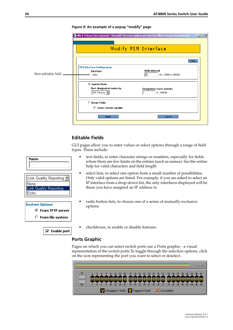 Editable fields, Ports graphic | Allied Telesis AT-8800 Series Switch User Manual | Page 34 / 118