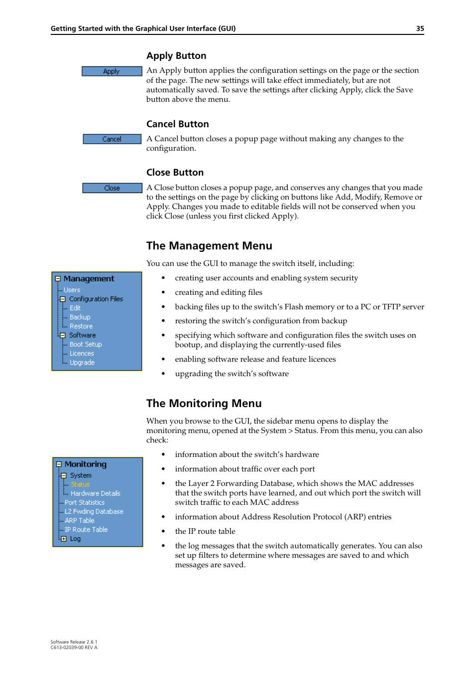 The management menu, The monitoring menu, The management menu the monitoring menu | Apply button, Cancel button, Close button | Allied Telesis AT-8800 Series Switch User Manual | Page 35 / 118