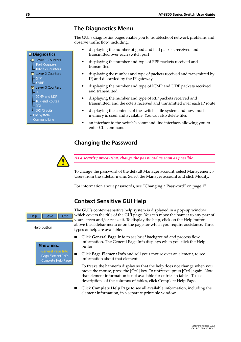 The diagnostics menu, Changing the password, Context sensitive gui help | Allied Telesis AT-8800 Series Switch User Manual | Page 36 / 118