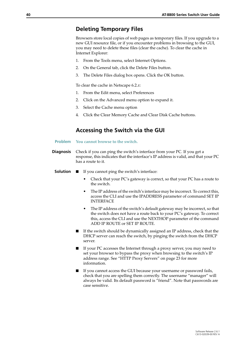 Deleting temporary files, Accessing the switch via the gui | Allied Telesis AT-8800 Series Switch User Manual | Page 40 / 118
