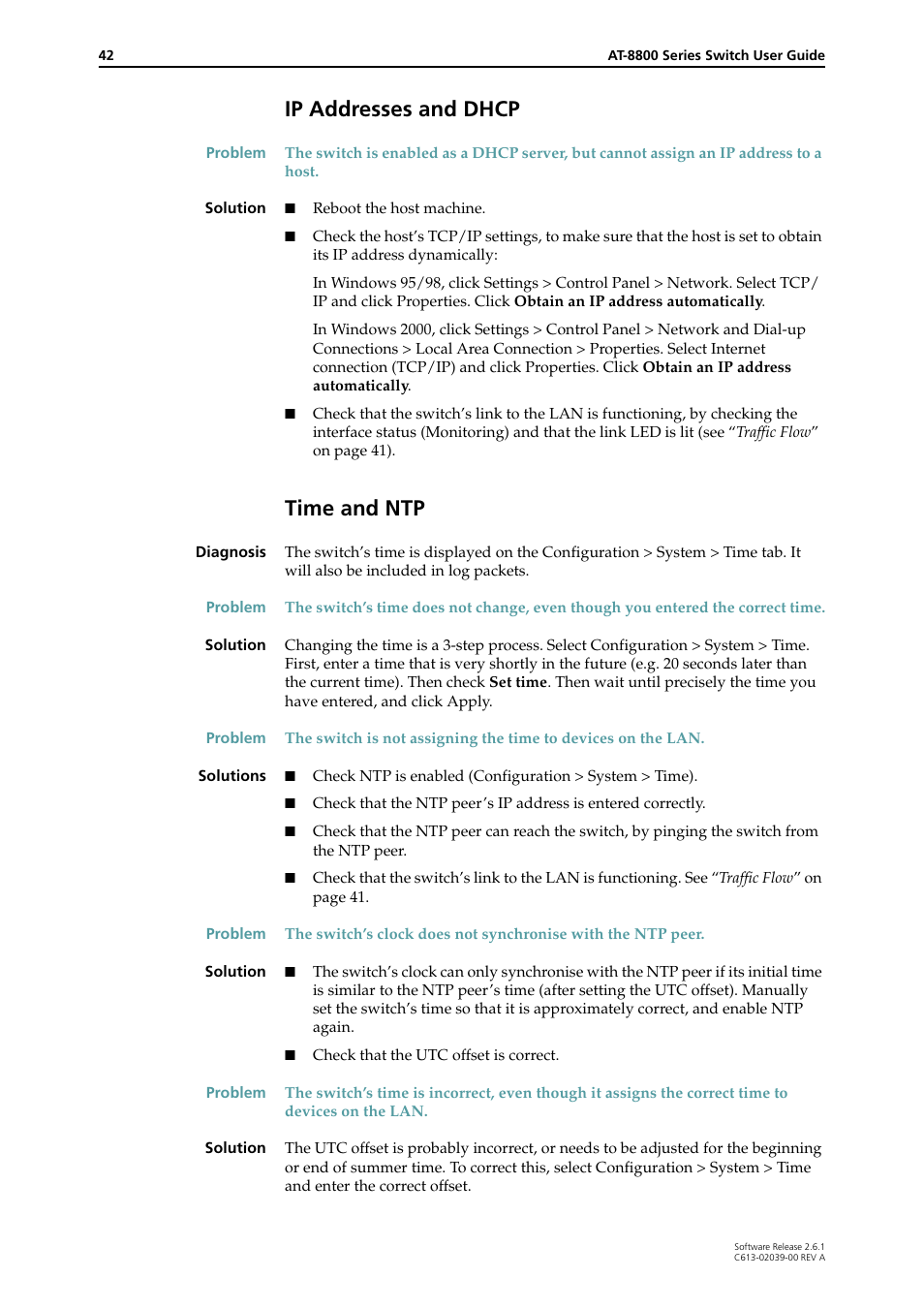 Ip addresses and dhcp, Time and ntp, Ip addresses and dhcp time and ntp | Allied Telesis AT-8800 Series Switch User Manual | Page 42 / 118