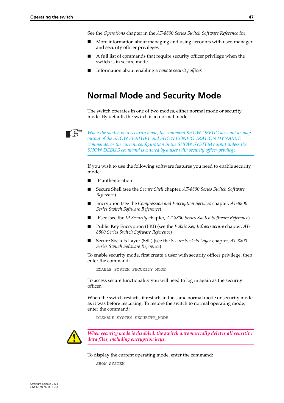 Normal mode and security mode | Allied Telesis AT-8800 Series Switch User Manual | Page 47 / 118