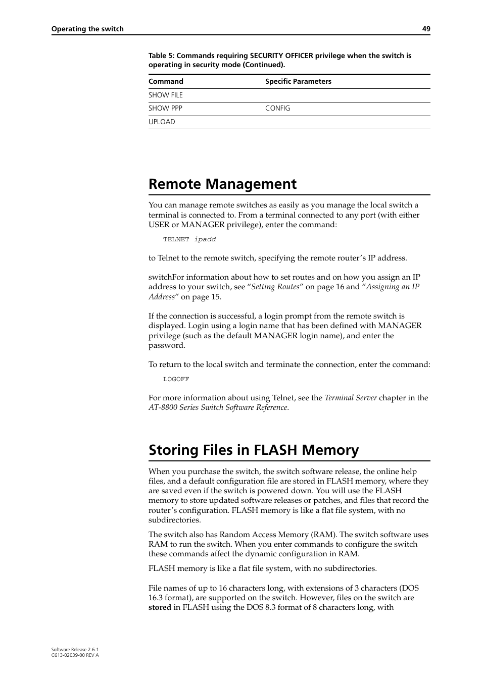 Remote management, Storing files in flash memory, Remote management storing files in flash memory | Allied Telesis AT-8800 Series Switch User Manual | Page 49 / 118