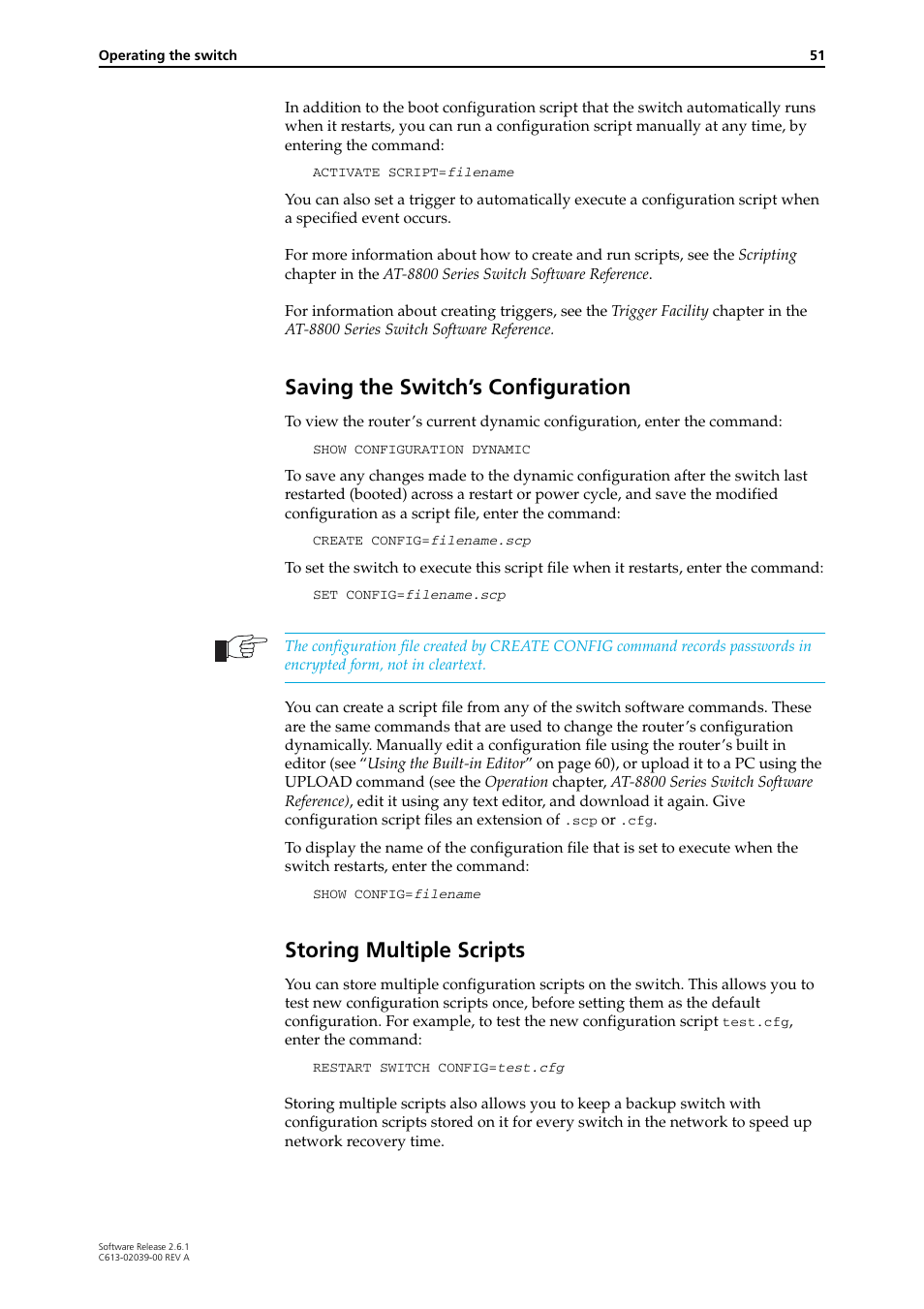 Saving the switch’s configuration, Storing multiple scripts | Allied Telesis AT-8800 Series Switch User Manual | Page 51 / 118