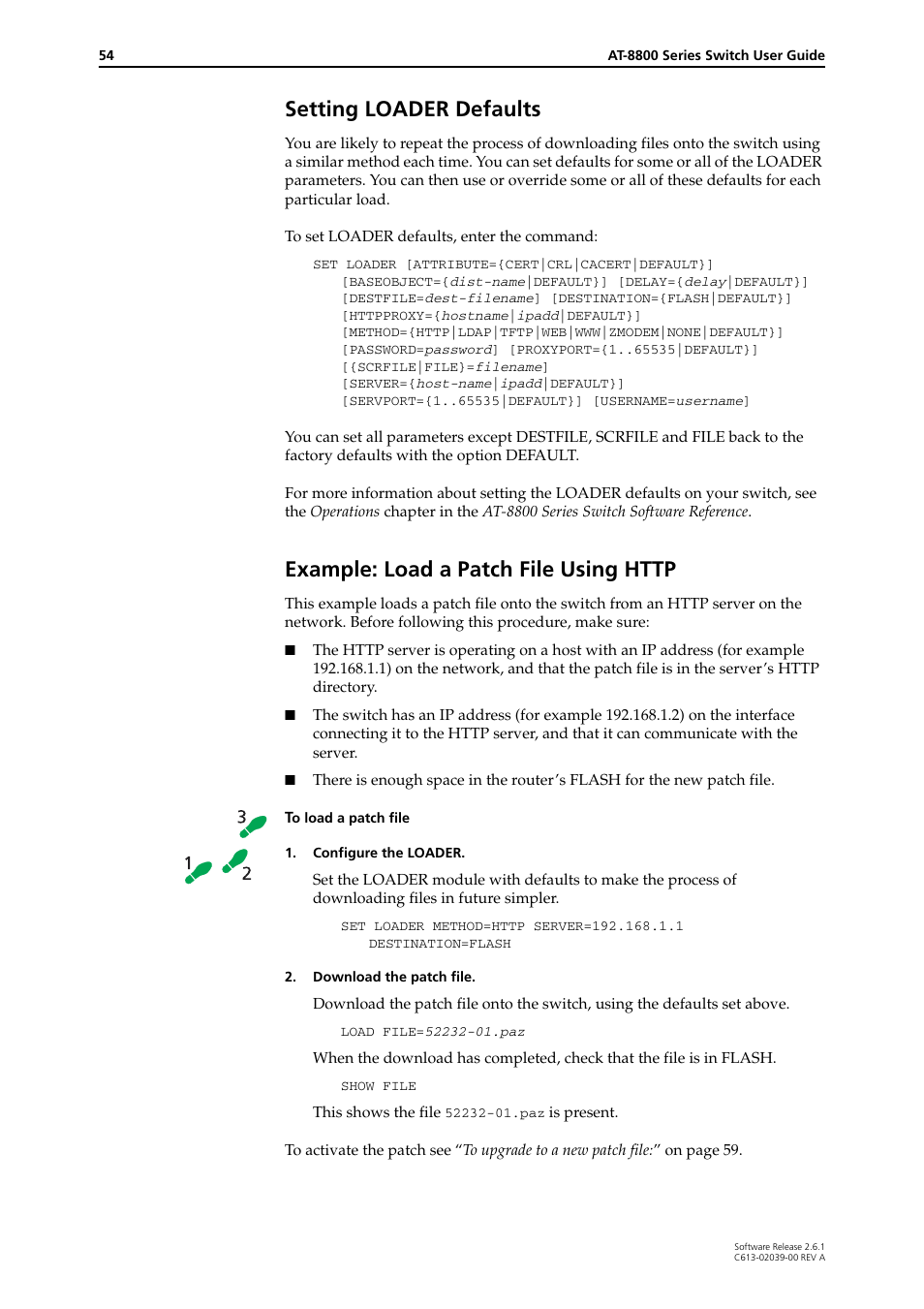 Setting loader defaults, Example: load a patch file using http | Allied Telesis AT-8800 Series Switch User Manual | Page 54 / 118