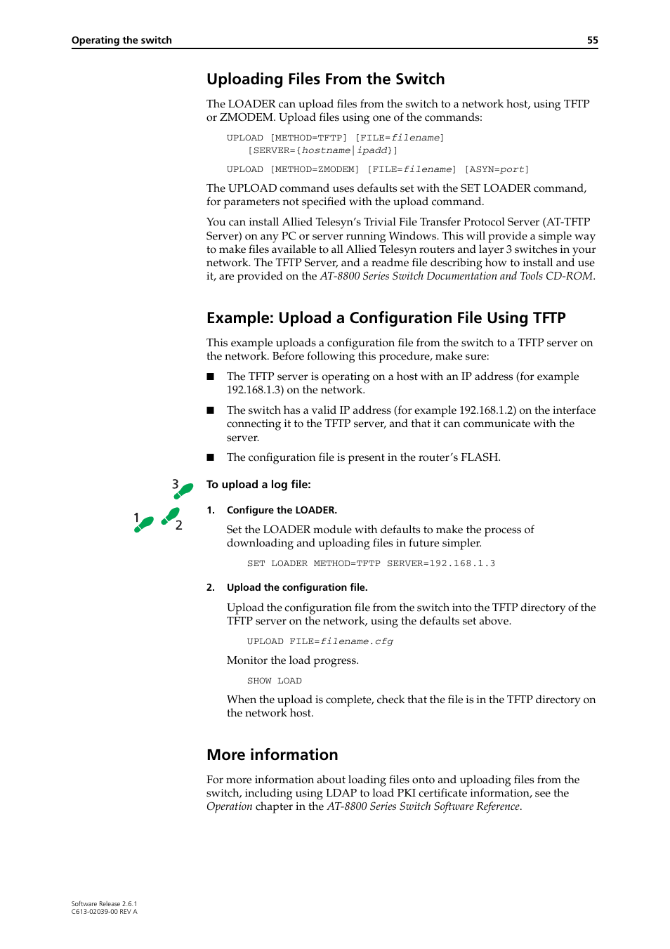 Uploading files from the switch, Example: upload a configuration file using tftp, More information | Allied Telesis AT-8800 Series Switch User Manual | Page 55 / 118
