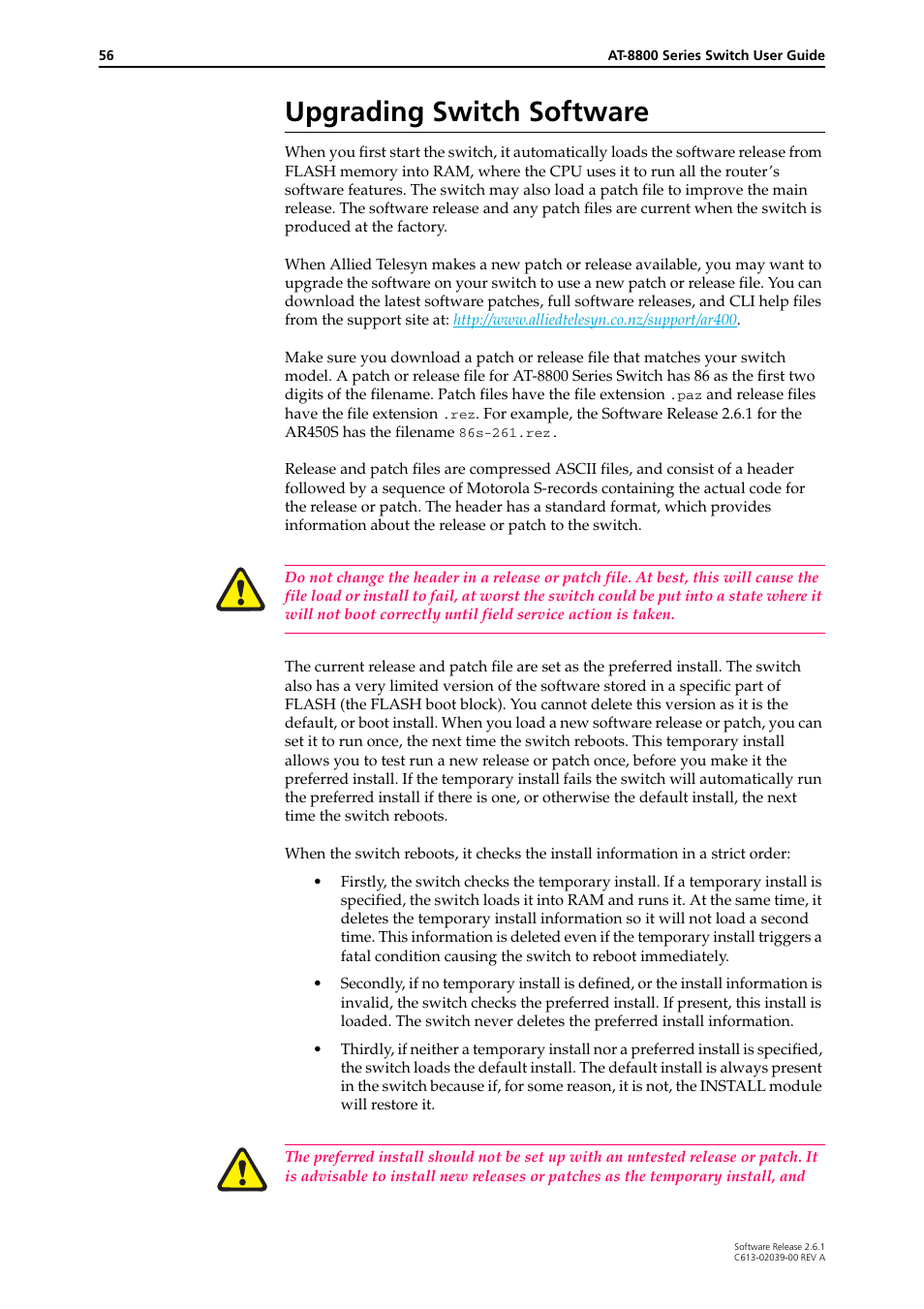 Upgrading switch software | Allied Telesis AT-8800 Series Switch User Manual | Page 56 / 118