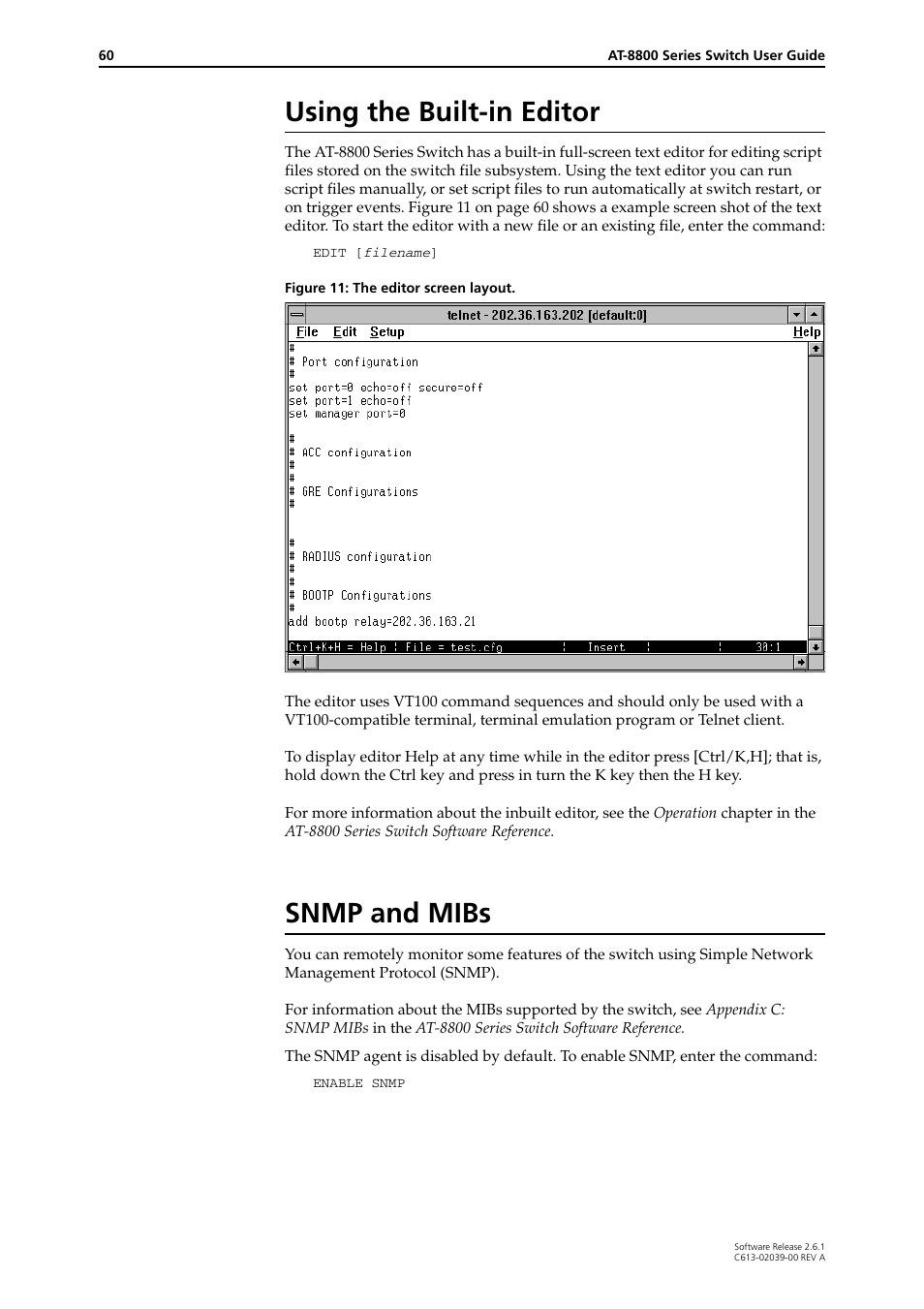 Using the built-in editor, Snmp and mibs, Using the built-in editor snmp and mibs | Allied Telesis AT-8800 Series Switch User Manual | Page 60 / 118