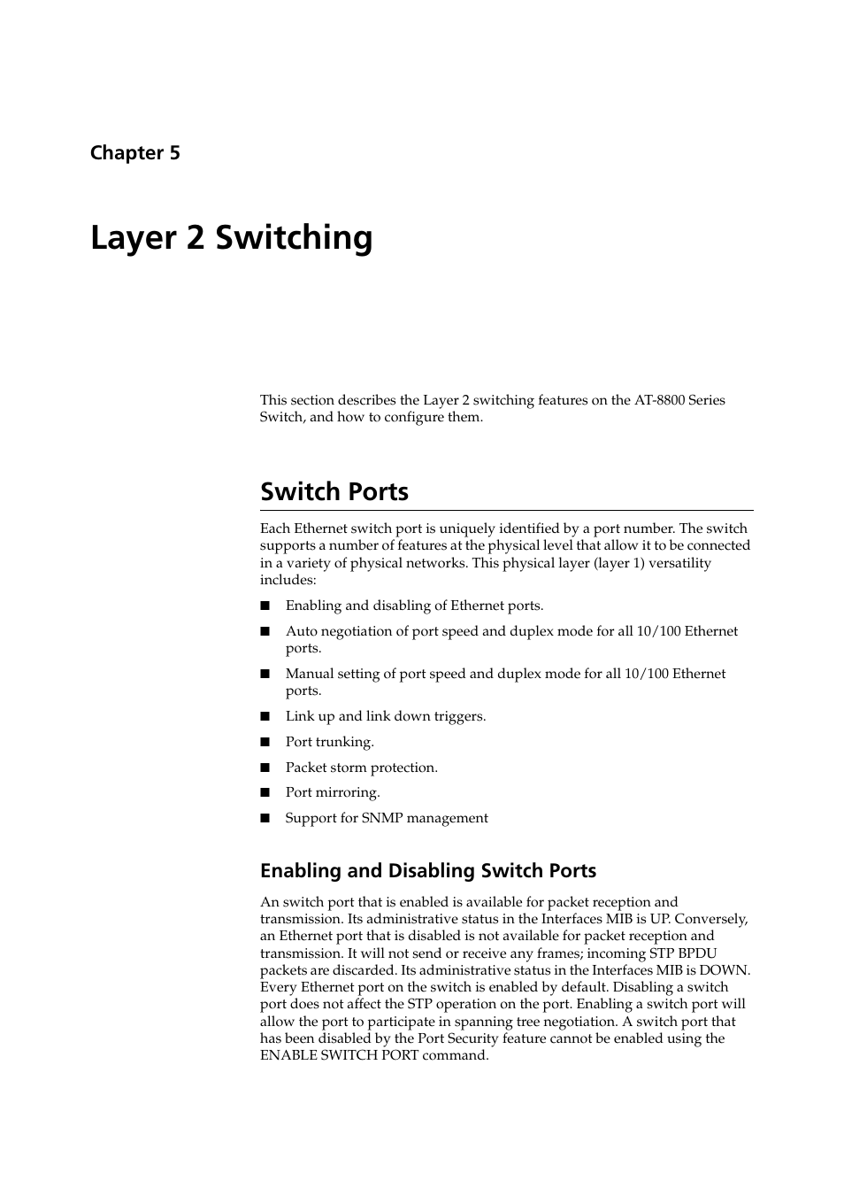 Layer 2 switching, Switch ports, Enabling and disabling switch ports | Chapter 5, Chapter 5, layer 2 switching | Allied Telesis AT-8800 Series Switch User Manual | Page 63 / 118