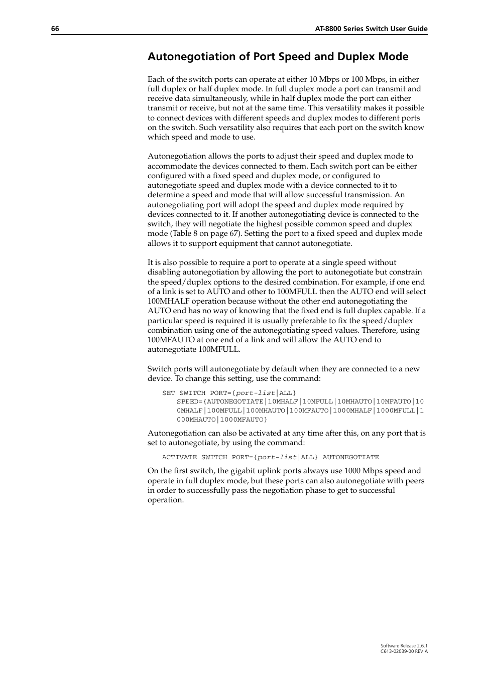 Autonegotiation of port speed and duplex mode | Allied Telesis AT-8800 Series Switch User Manual | Page 66 / 118