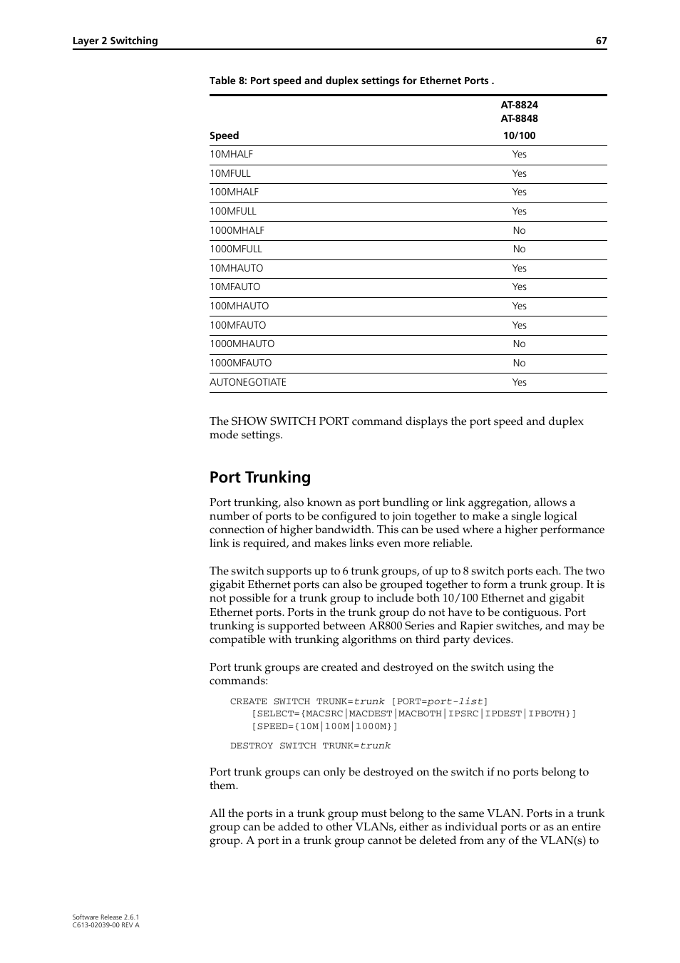 Port trunking | Allied Telesis AT-8800 Series Switch User Manual | Page 67 / 118