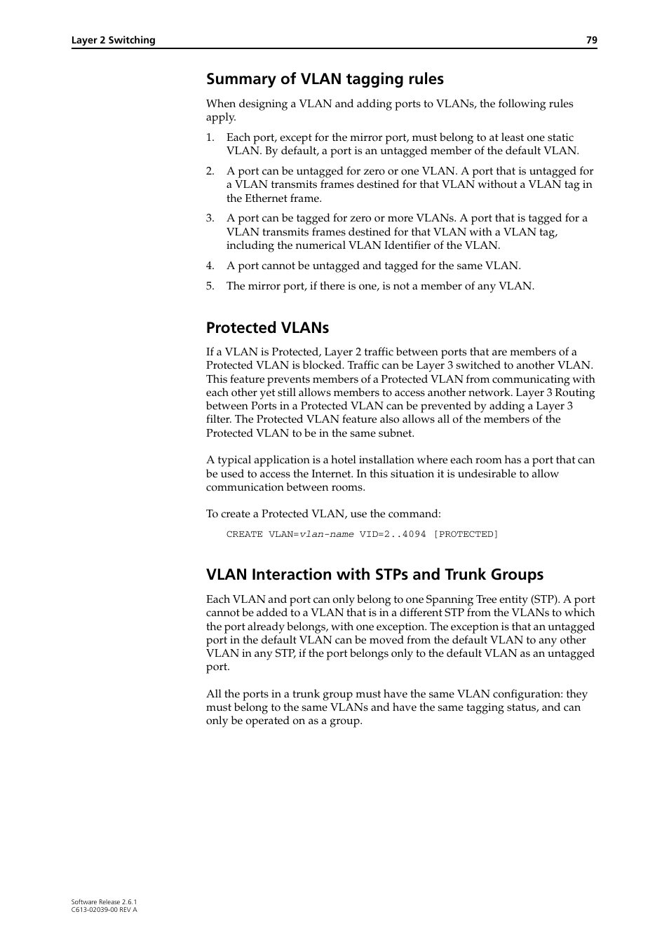 Summary of vlan tagging rules, Protected vlans, Vlan interaction with stps and trunk groups | Allied Telesis AT-8800 Series Switch User Manual | Page 79 / 118