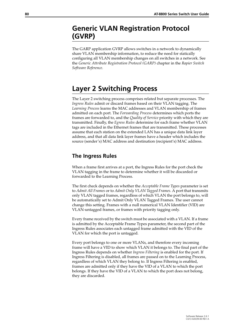 Generic vlan registration protocol (gvrp), Layer 2 switching process, The ingress rules | Allied Telesis AT-8800 Series Switch User Manual | Page 80 / 118