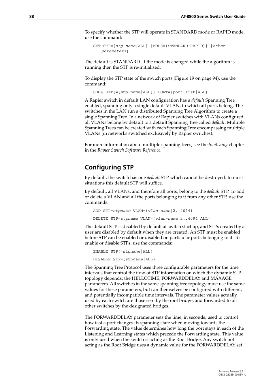 Configuring stp | Allied Telesis AT-8800 Series Switch User Manual | Page 88 / 118