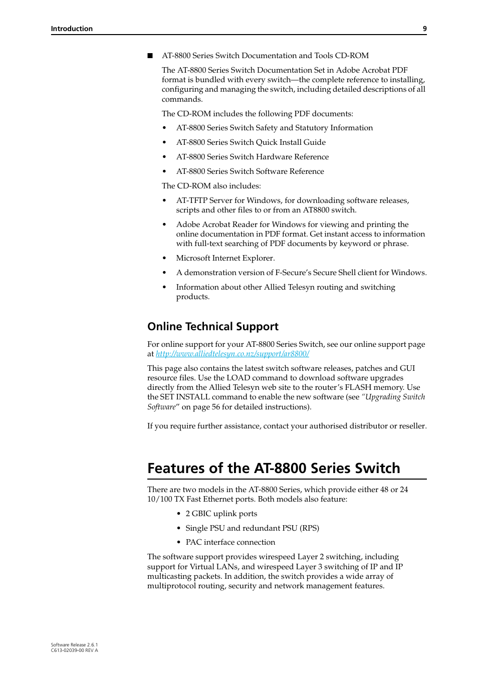 Online technical support, Features of the at-8800 series switch | Allied Telesis AT-8800 Series Switch User Manual | Page 9 / 118