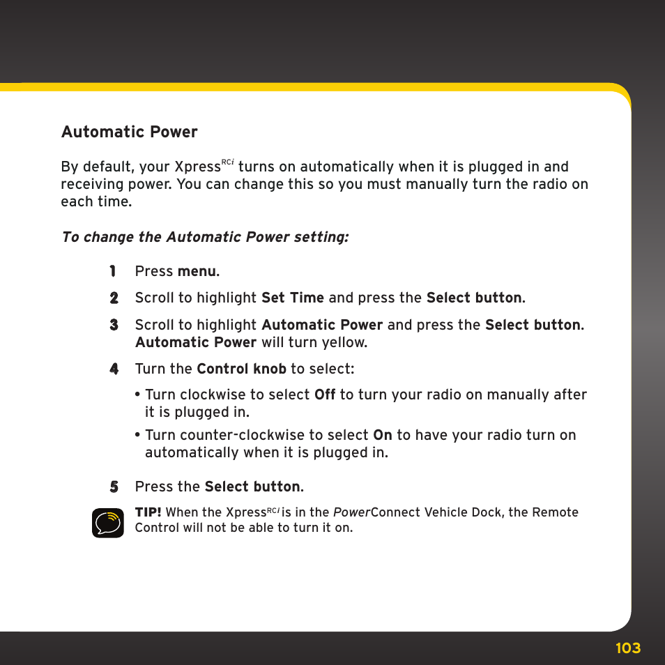 Configuring your xpress, Rc i automatic power | SIRIUS XDRC2UG User Manual | Page 103 / 124
