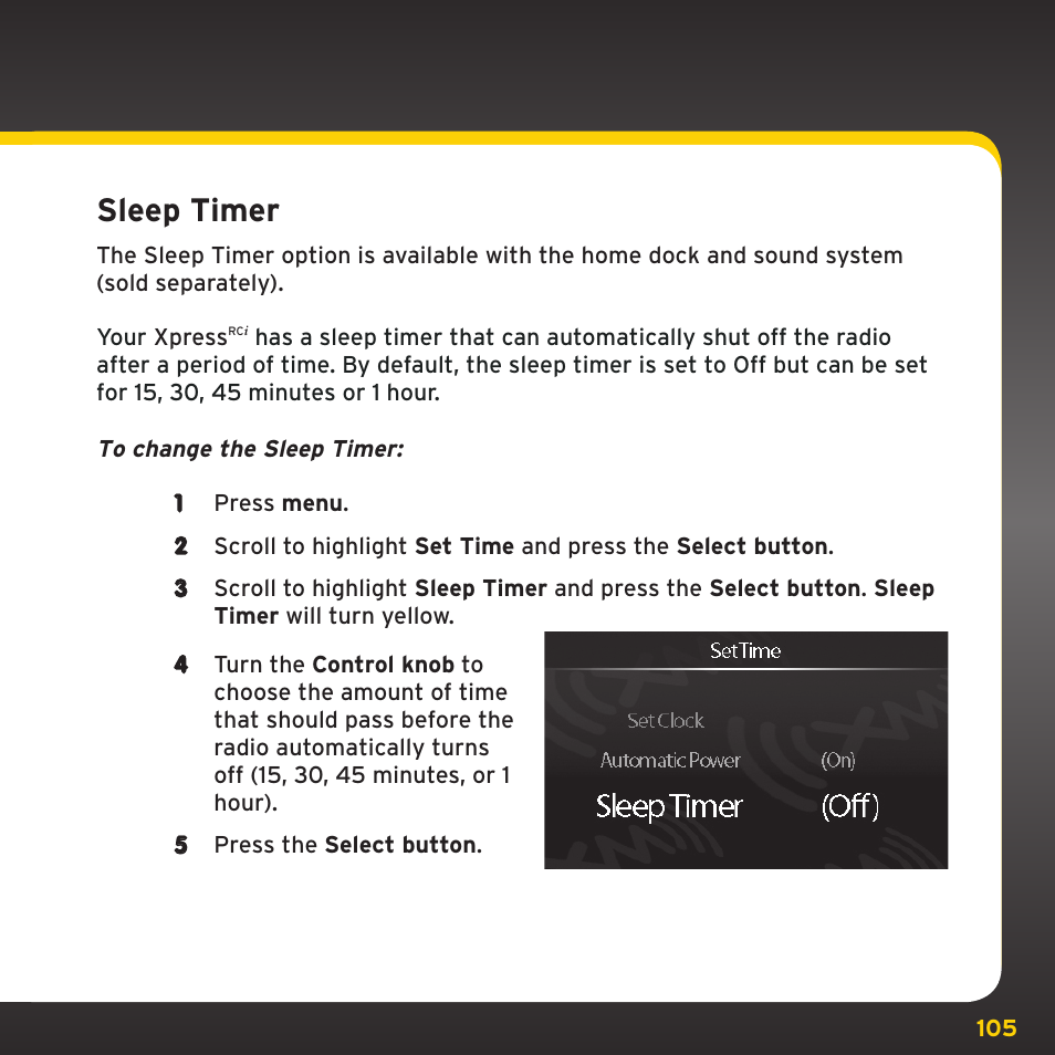 Configuring your xpress, Sleep timer | SIRIUS XDRC2UG User Manual | Page 105 / 124
