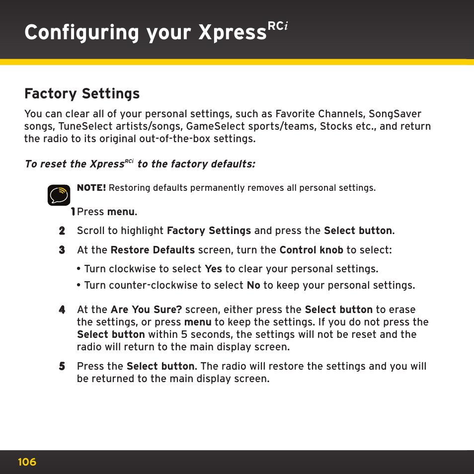 Configuring your xpress, Factory settings | SIRIUS XDRC2UG User Manual | Page 106 / 124