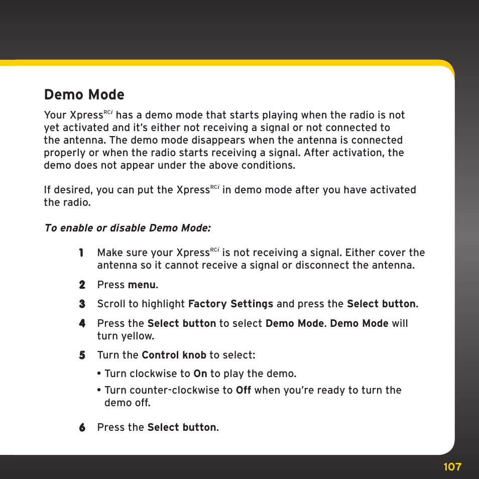 Configuring your xpress, Demo mode, Rc i | SIRIUS XDRC2UG User Manual | Page 107 / 124