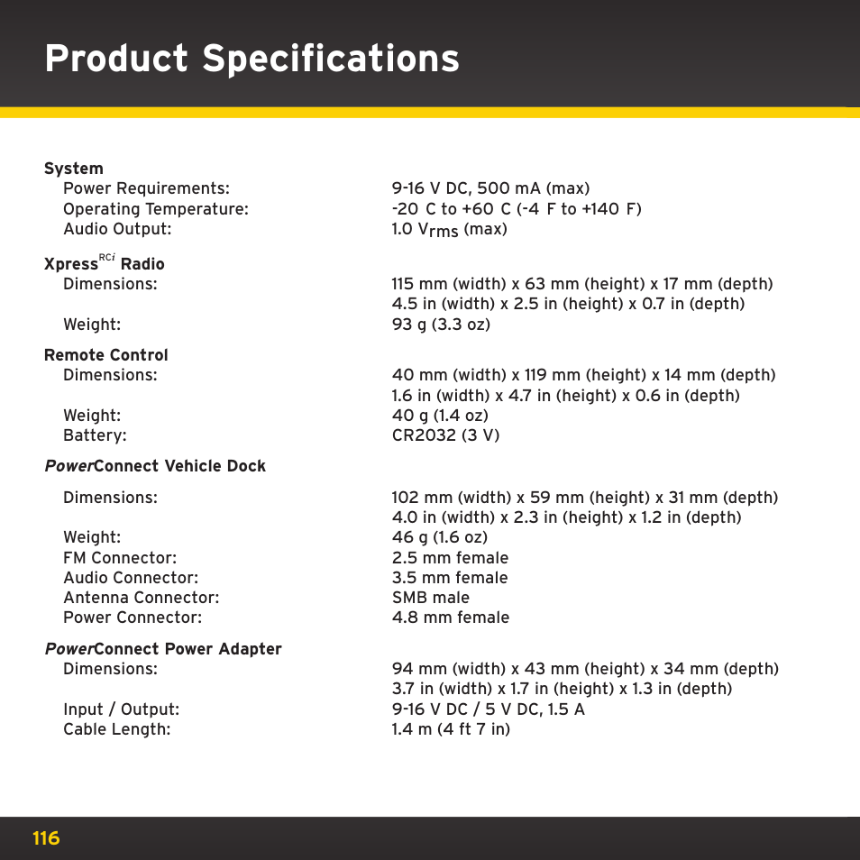 Product specifications | SIRIUS XDRC2UG User Manual | Page 116 / 124