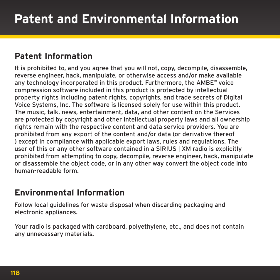 Patent and environmental information, Patent information, Environmental information | SIRIUS XDRC2UG User Manual | Page 118 / 124