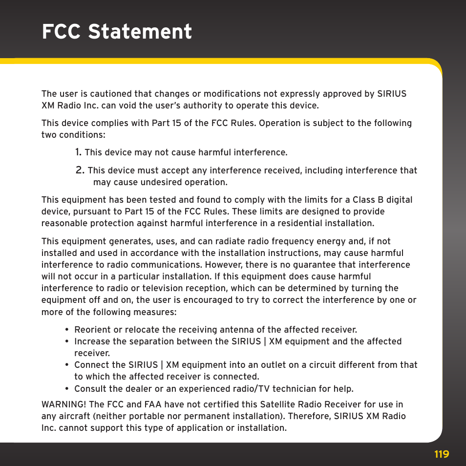 Fcc statement | SIRIUS XDRC2UG User Manual | Page 119 / 124