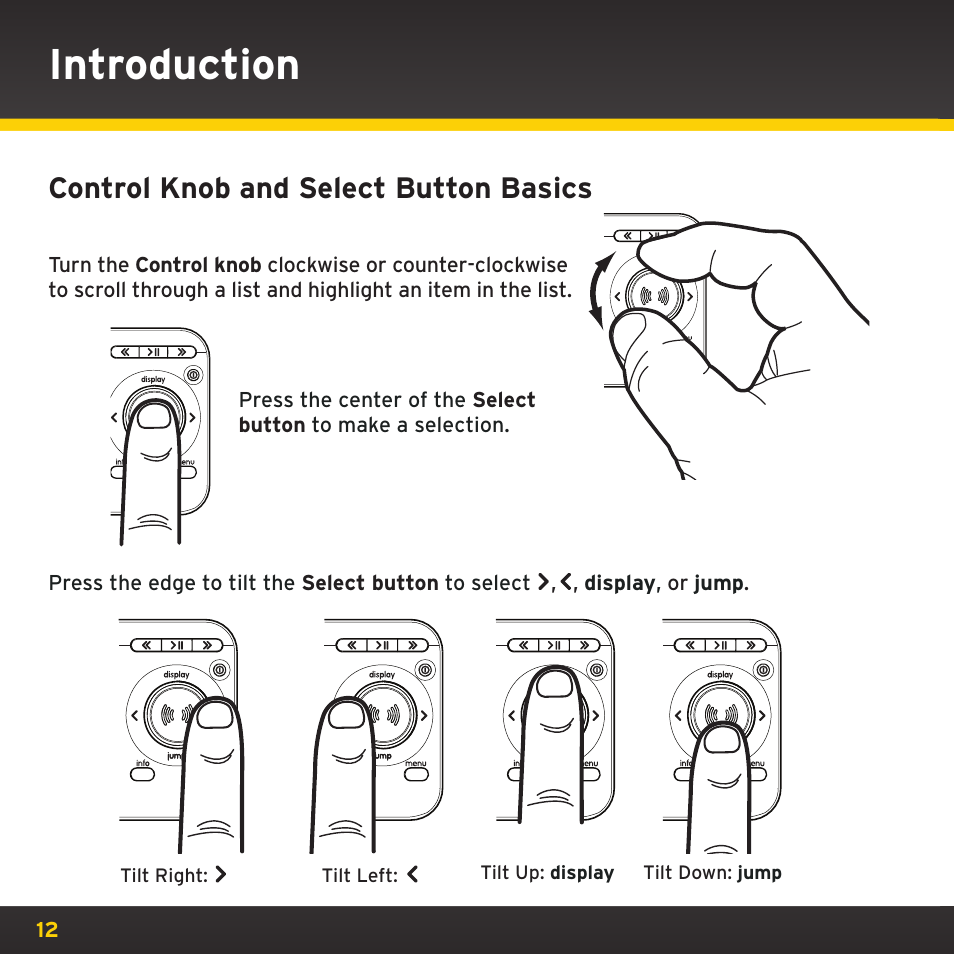 Introduction, Control knob and select button basics | SIRIUS XDRC2UG User Manual | Page 12 / 124