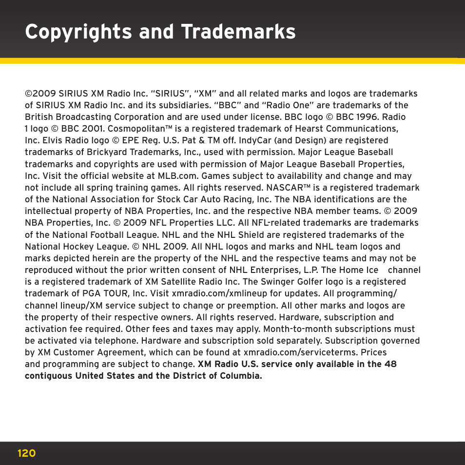 Copyrights and trademarks | SIRIUS XDRC2UG User Manual | Page 120 / 124