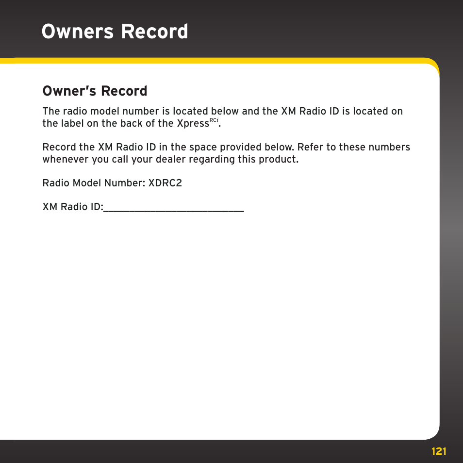 Owners record, Owner’s record | SIRIUS XDRC2UG User Manual | Page 121 / 124