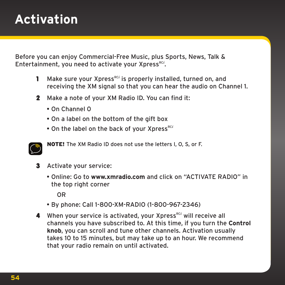 Activation | SIRIUS XDRC2UG User Manual | Page 54 / 124