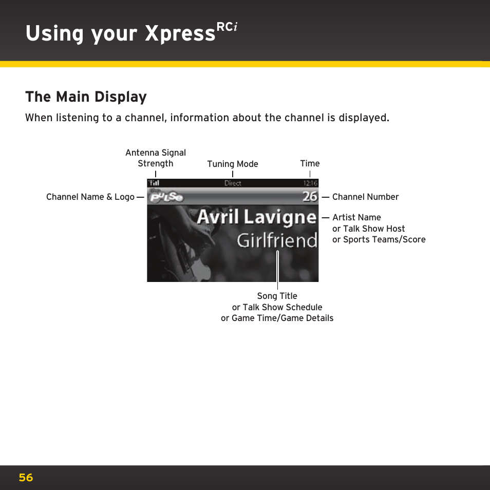 Using your xpress, The main display | SIRIUS XDRC2UG User Manual | Page 56 / 124